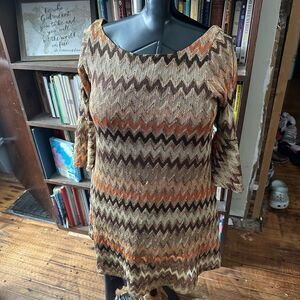 Judith March orange & brown chevron 70’s crossover S dress
